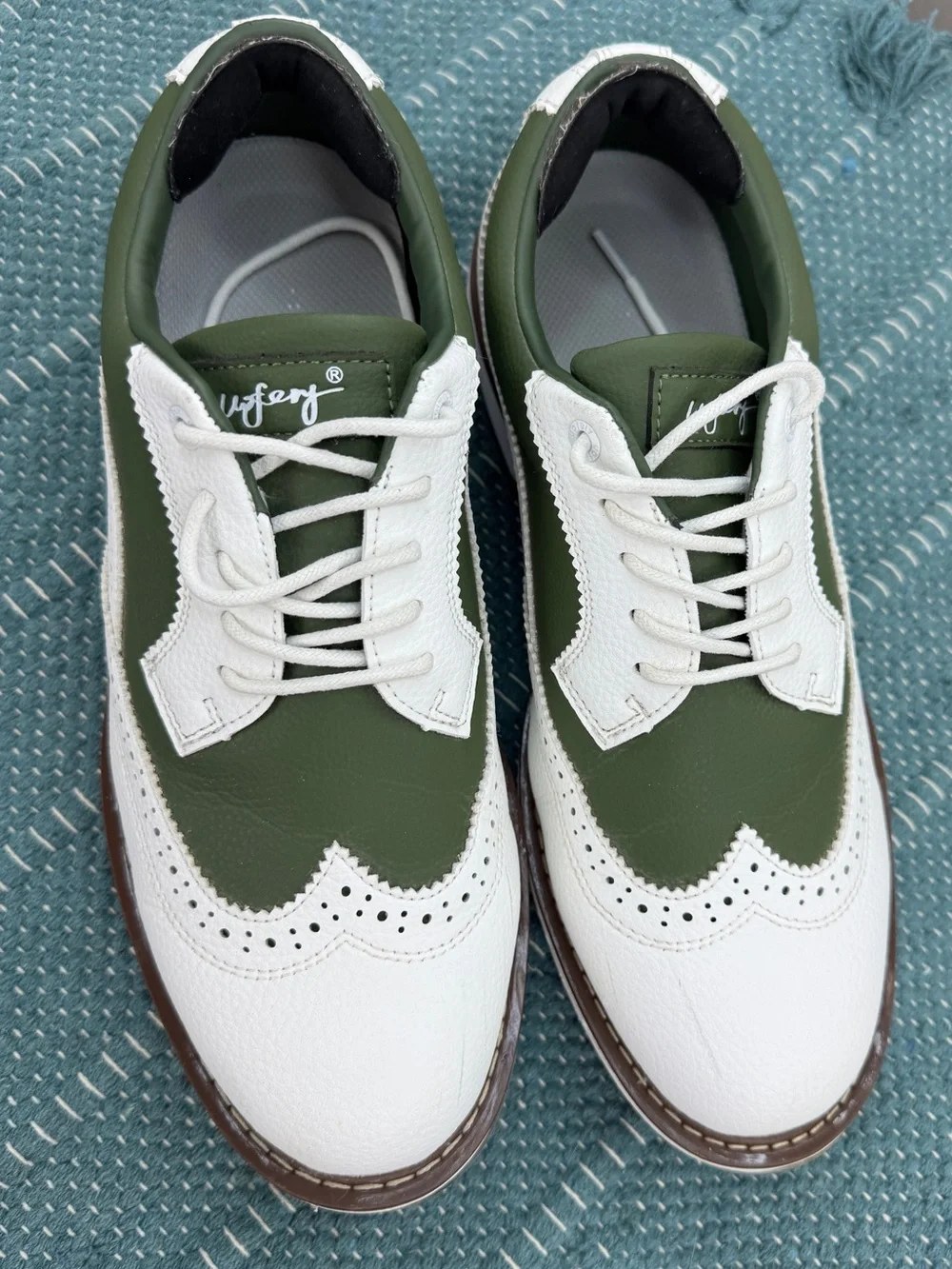 UOFEIY Men's Spiked Oxford Golf Shoes 10.5 White/Green
